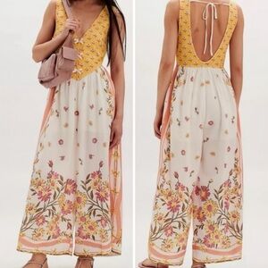 Free People Bali Honeydew Wideleg Floral Jumpsuit Size S
